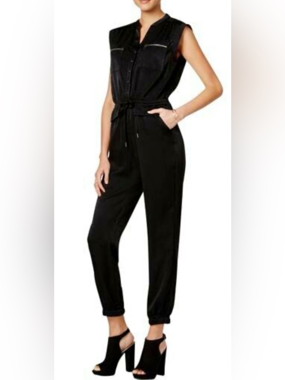 Bar III Black Silky Utility Jumpsuit Size M Drawstring Jogger Zip Pockets